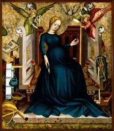 Mary at the Spinning Wheel from Güssing , c.1410. Creator: Anonymous