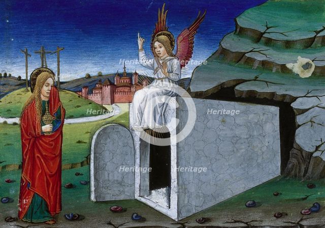 Mary brings ointment to the tomb of Jesus, Codex de Predis, 1476. Creator: Cristoforo De Predis.