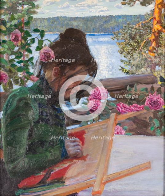 Mary embroidering on the porch of Kallela, ca 1897. Creator: Gallen-Kallela, Akseli (1865-1931).