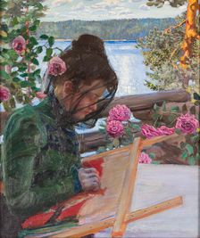 Mary embroidering on the porch of Kallela, ca 1897. Creator: Gallen-Kallela, Akseli (1865-1931)
