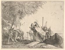 Mary, helped by Joseph and an angel, stepping from a boat to the shore, an angel steadies ..., 1753. Creator: David Giovanni