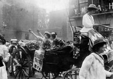 Mary Leigh and Edith New on their release from Holloway Gaol on August 1908. Creator: Unknown