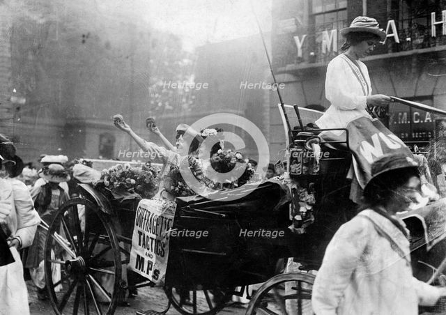 Mary Leigh and Edith New on their release from Holloway Gaol on August 1908. Creator: Unknown.