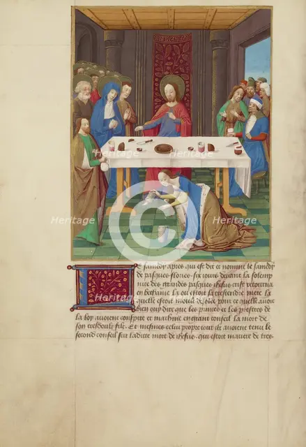 Mary Magdalene and Martha Inviting Christ and the Virgin to Dinner at the Home..., about 1480-1490. Creators: Master of Guillaume Lambert, Workshop of Master of Guillaume Lambert.