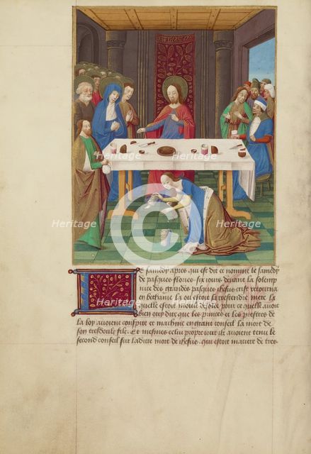 Mary Magdalene and Martha Inviting Christ and the Virgin to Dinner at the Home..., about 1480-1490. Creators: Master of Guillaume Lambert, Workshop of Master of Guillaume Lambert.