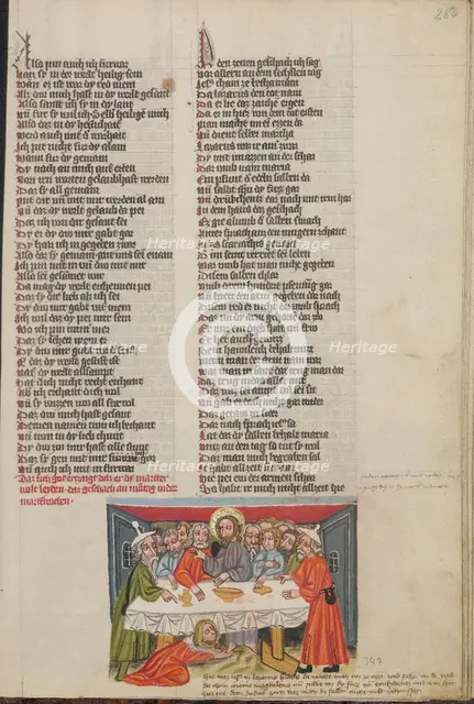 Mary Magdalene Anointing Christ's Feet; Weltchronik, about 1400-1410. Creator: Unknown.