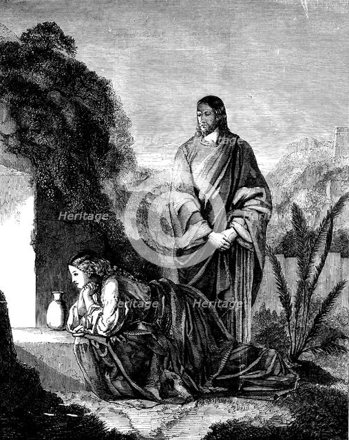 "Mary Magdalene at the Sepulchre" - painted by H. Le Jeune - in the possession of the Duke..., 1858. Creator: Unknown.