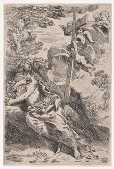 Mary Magdalene in the desert, a cross borne by angels at the right, ca. 1630. Creator: Pietro Testa