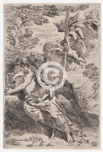 Mary Magdalene in the desert, a cross borne by angels at the right, ca. 1630. Creator: Pietro Testa.