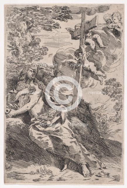 Mary Magdalene in the desert, a cross borne by angels at the right, ca. 1630. Creator: Pietro Testa.