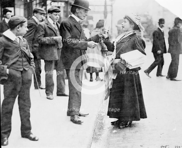 Mary Phillips selling Votes for Women in London, October 1907. Creator: Unknown.