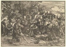 Mary seated beneath trees with baby, flanked by Joseph at left and St. Jerome at right; St..., 1517. Creator: Domenico Campagnola