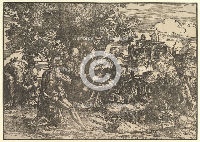 Mary seated beneath trees with baby, flanked by Joseph at left and St. Jerome at right; St..., 1517. Creator: Domenico Campagnola.