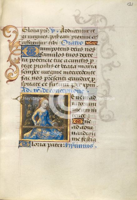 Mary Spinning Wool; Poncher Hours, about 1500. Creator: Master of Cardinal Bourbon.