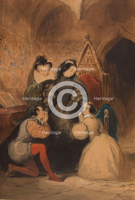 Mary Stuart blessing Roland Groeme and Catherine Seyton. After Walter Scott's "The Abbot", 1830. Creator: Johannot, Alfred (1800-1837).
