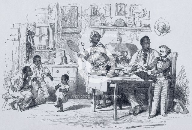 Mas'r George teaching Uncle Tom to write, 1852. Creator: J Johnston.