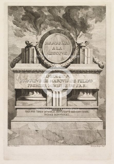 Mascarade à la Grecque: Dedication Page, 1771. Creator: Benigno Bossi (Italian, 1727-1792).