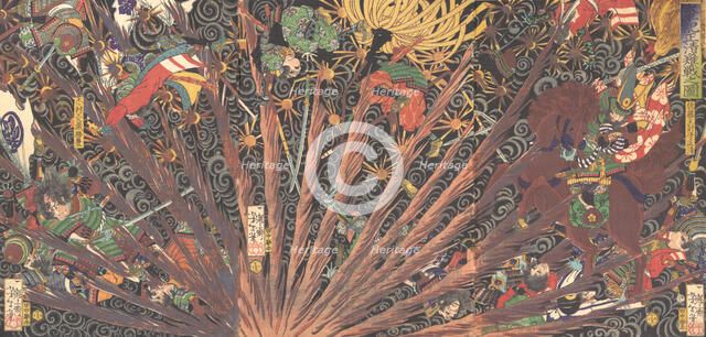 Masakiyo's Challenging Battle, from the series Taiheiki (Taiheiki, Masakiyo nansen no zu),..., 1866. Creator: Tsukioka Yoshitoshi.