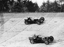 Maserati and Bugatti in action at Brooklands, Surrey, 1933