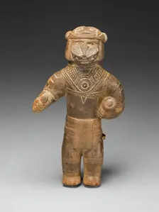 Masked Figurine Holding a Drum, Possibly a Ocarina (Whistle), c. A.D. 1300. Creator: Unknown