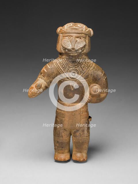 Masked Figurine Holding a Drum, Possibly a Ocarina (Whistle), c. A.D. 1300. Creator: Unknown.