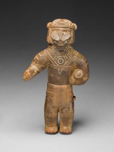 Masked Figurine Holding a Drum, Possibly a Ocarina (Whistle), c. A.D. 1300. Creator: Unknown
