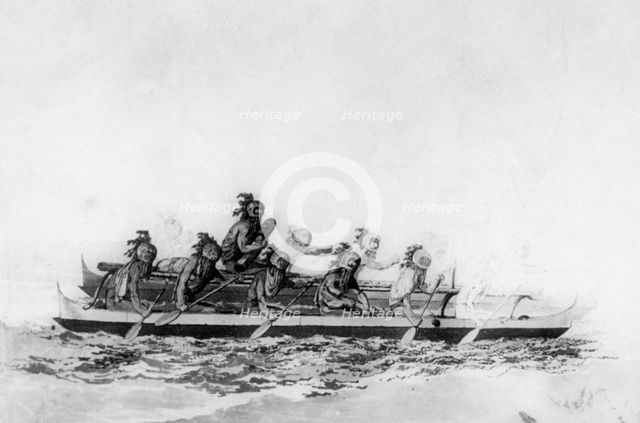 Masked Hawaiians in a double canoe, c1770-1793.  Artist: John Webber