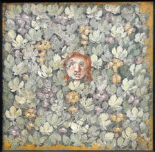 Mask on vine leaves and bunches of grapes, 1st H. 1st cen. AD. Creator: Roman-Pompeian wall painting