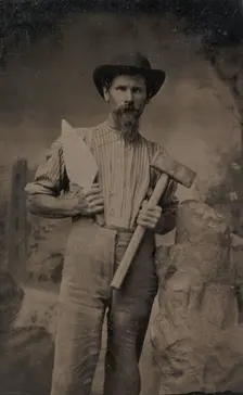 Mason (?) Holding a Trowel and Sledgehammer, 1870s-80s. Creator: Unknown