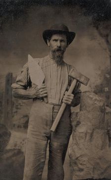 Mason (?) Holding a Trowel and Sledgehammer, 1870s-80s. Creator: Unknown