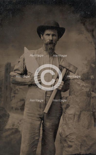 Mason (?) Holding a Trowel and Sledgehammer, 1870s-80s. Creator: Unknown.