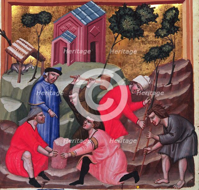 Masons and stonecutters, detail of the miniature in 'Codex Justinian Institutiones Feodorum et Al…