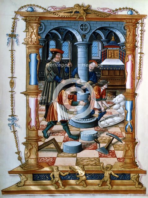 Masons building a pillar in a church, c1525. Artist: Unknown