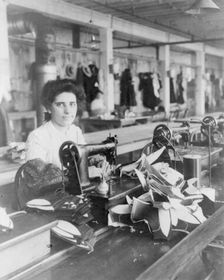 Massachusetts. Lynn. shoe factories, 1895?: a lining stitcher (woman) at work, (1895?). Creator: Frances Benjamin Johnston