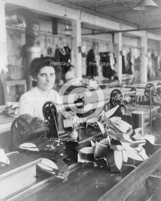 Massachusetts. Lynn. shoe factories, 1895?: a lining stitcher (woman) at work, (1895?). Creator: Frances Benjamin Johnston.