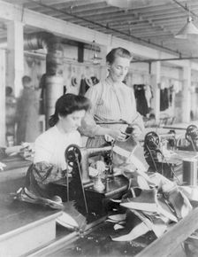 Massachusetts. Lynn. shoe factories, 1895?: woman operating sewing machine, (1895?). Creator: Frances Benjamin Johnston