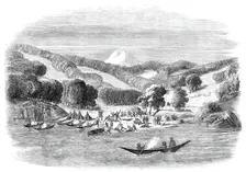 Massacre of a mission party of the "Alan Gardiner" by the natives at Woolya, Tierra del Fuego, 1860. Creator: Unknown