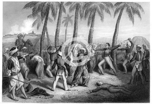 'Massacre of English officers and their wives at Jhansi', 1857, (c1860). Artist: Unknown