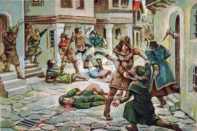 Massacre of Jews in Barcelona (1391), drawing, 1920.