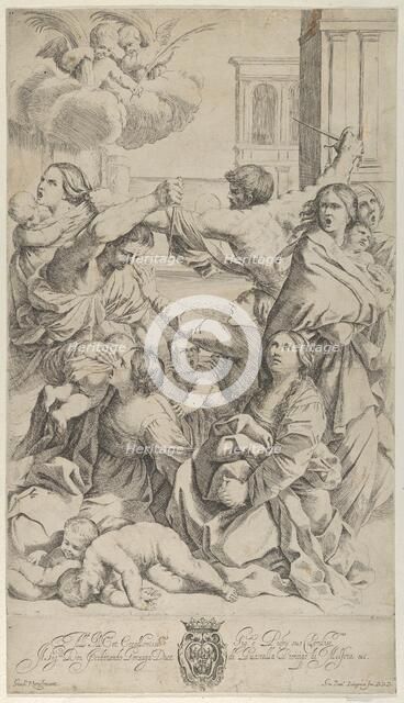 Massacre of the Innocents; group of women and children being attacked, two angels a..., ca. 1640-70. Creator: Gian Battista Bolognini.