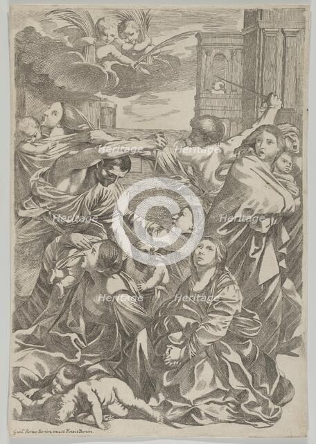 Massacre of the Innocents; group of women and children being attacked, two angels..., ca. 1640-1700. Creator: Anon.