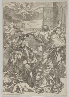 Massacre of the Innocents; group of women and children being attacked, two angels..., ca. 1640-1700. Creator: Anon