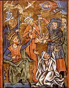 Massacre of the Innocents - Herod the Great sitiing on his throne, miniature psalter, 15th century. Creator: Unknown