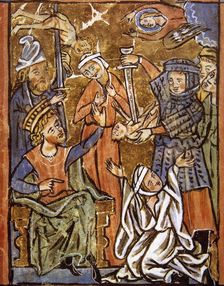 Massacre of the Innocents - Herod the Great sitiing on his throne, miniature psalter, 15th century. Creator: Unknown