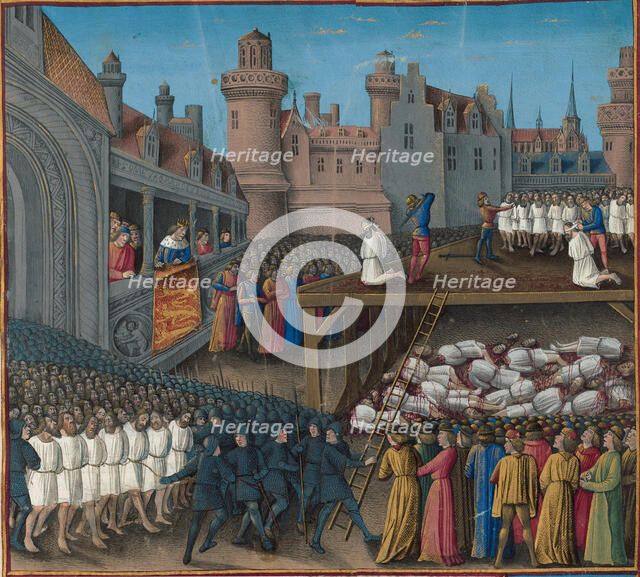 Massacre of the Saracen prisoners, ordered by King Richard the Lionheart, 1191, 1474-1475. Creator: Colombe, Jean (c. 1430-c. 1493).