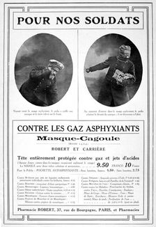 Masque cagoule (Gas mask) advertisement, 1915