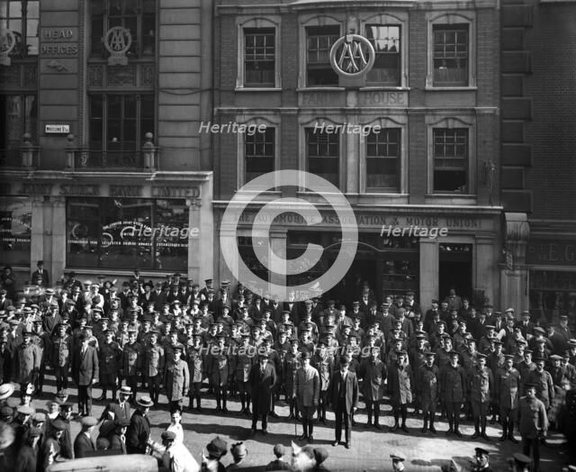 Mass enlistment of AA road scouts in the British Army, London, September 1914. Artist: Adolph Augustus Boucher.