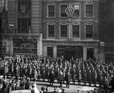 Mass enlistment of AA road scouts in the British Army, London, September 1914. Artist: Adolph Augustus Boucher