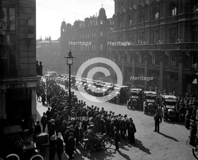 Mass enlistment of AA road scouts in the British Army, London, September 1914. Artist: Adolph Augustus Boucher.