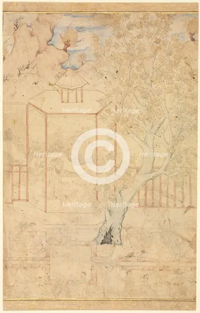 Master and Disciple in a Garden Pavillion; Single Page Illustration, c. 1570-1590s. Creator: Unknown.